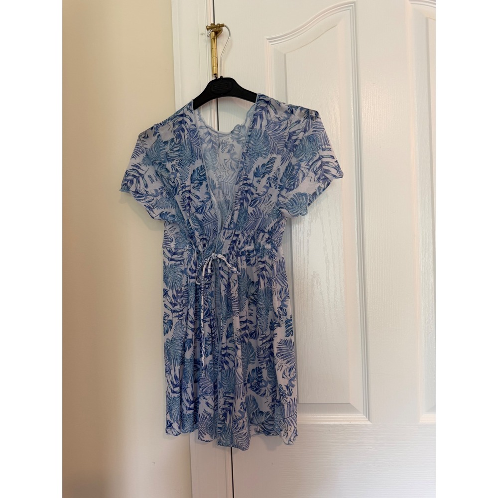 Blue Tropical Palm Leaf Mesh Swim Cover Up Dress Drawstring Waist Short Sleeve s